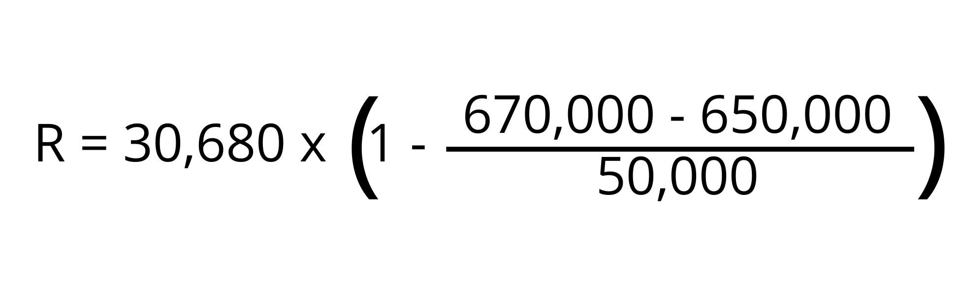 Formula for partial stamp duty relief calculation for a new home being stamp duty multiplied by open bracket one minus 670,000 minus 650,000 divided by 50,000 close bracket