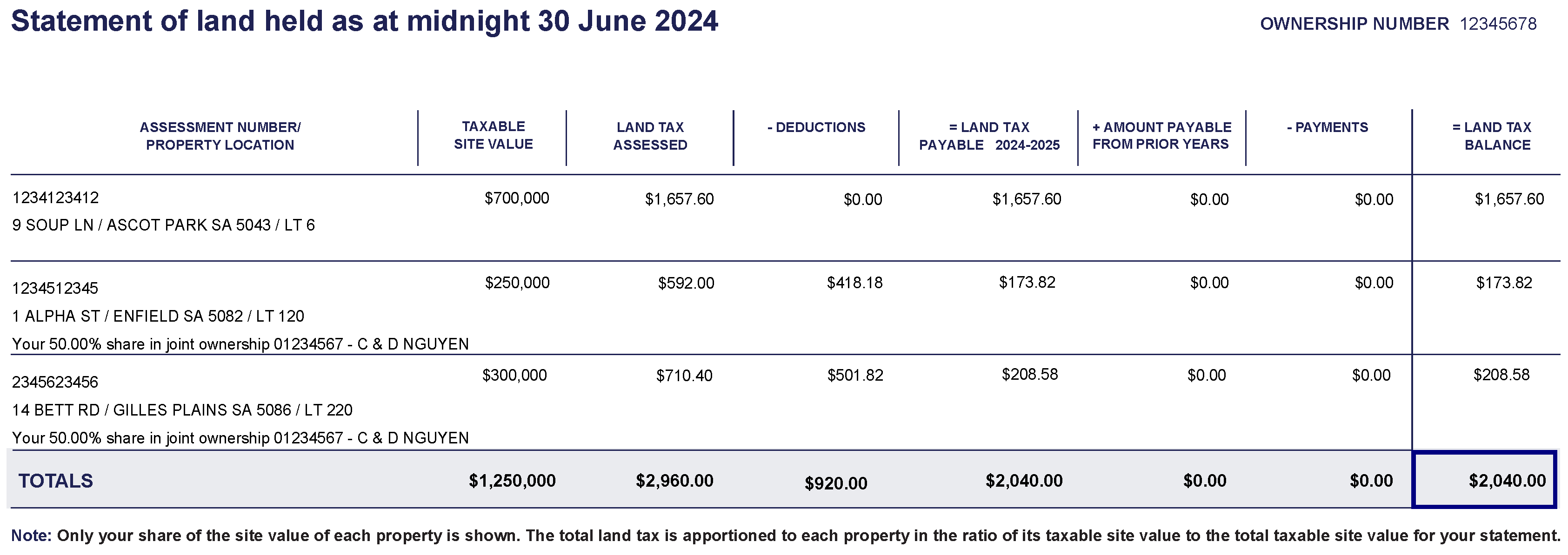 Example Statement of land held showing three properties held in an individual ownership where they own land in a joint ownership