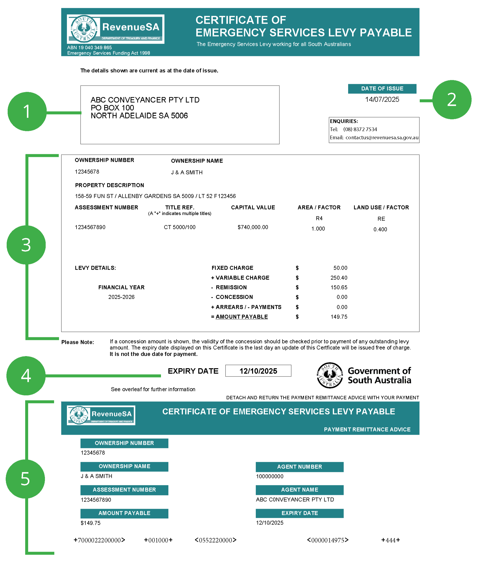 Shows sample 2025-26 Emergency Services Levy Certificate pg 1