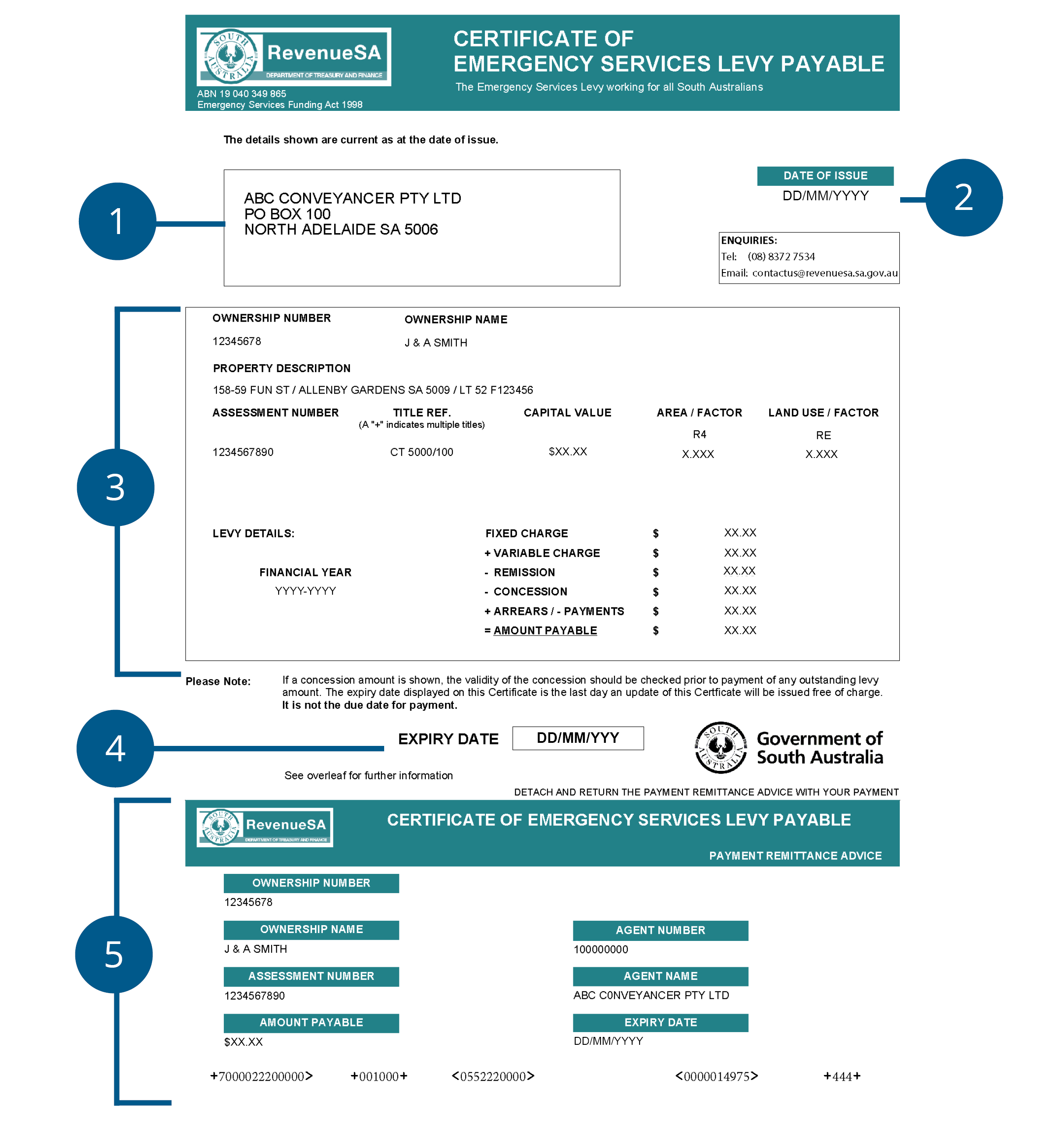 Shows sample 2025-26 Emergency Services Levy Certificate pg 1
