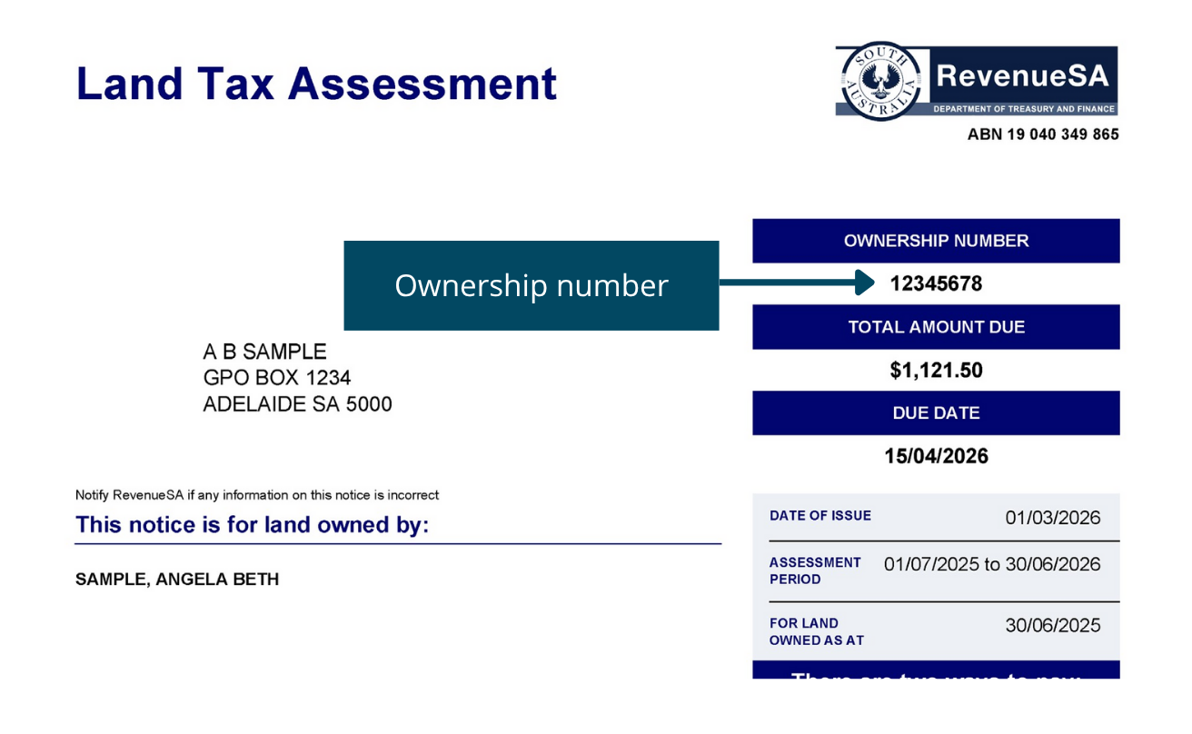 Image showing location of ownership number on page one of a sample land tax assessment