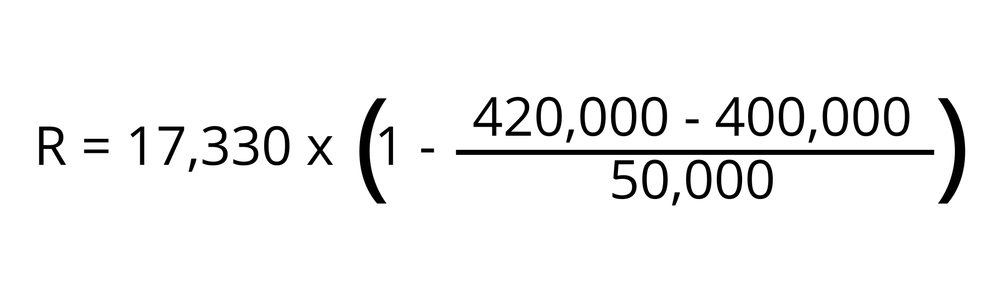 Formula for partial stamp duty relief calculation for vacant land being stamp duty multiplied by open bracket one minus 420,000 minus 400,000 divided by 50,000 close bracket