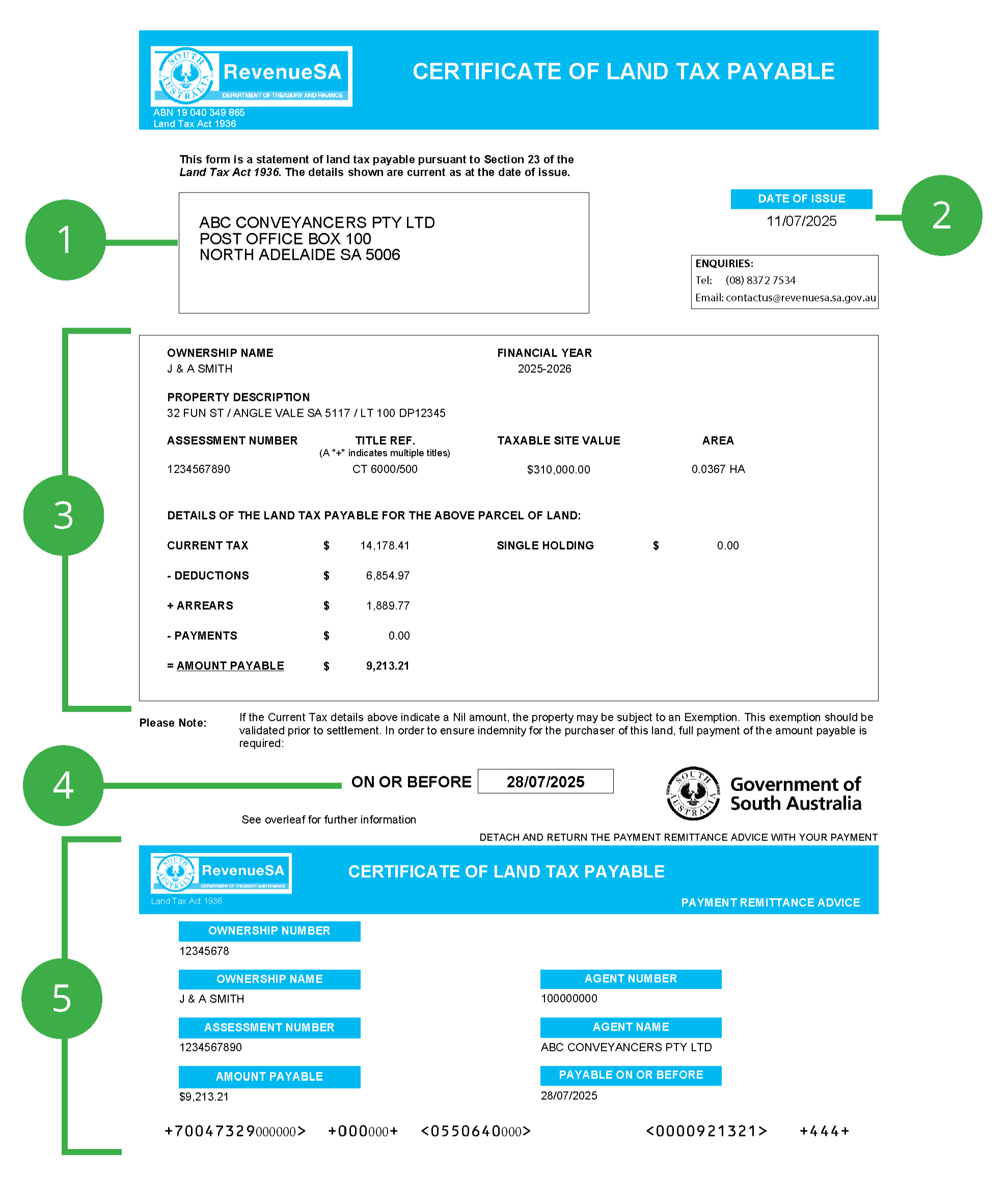 Shows sample 2025-26 Land Tax Certificate pg 1