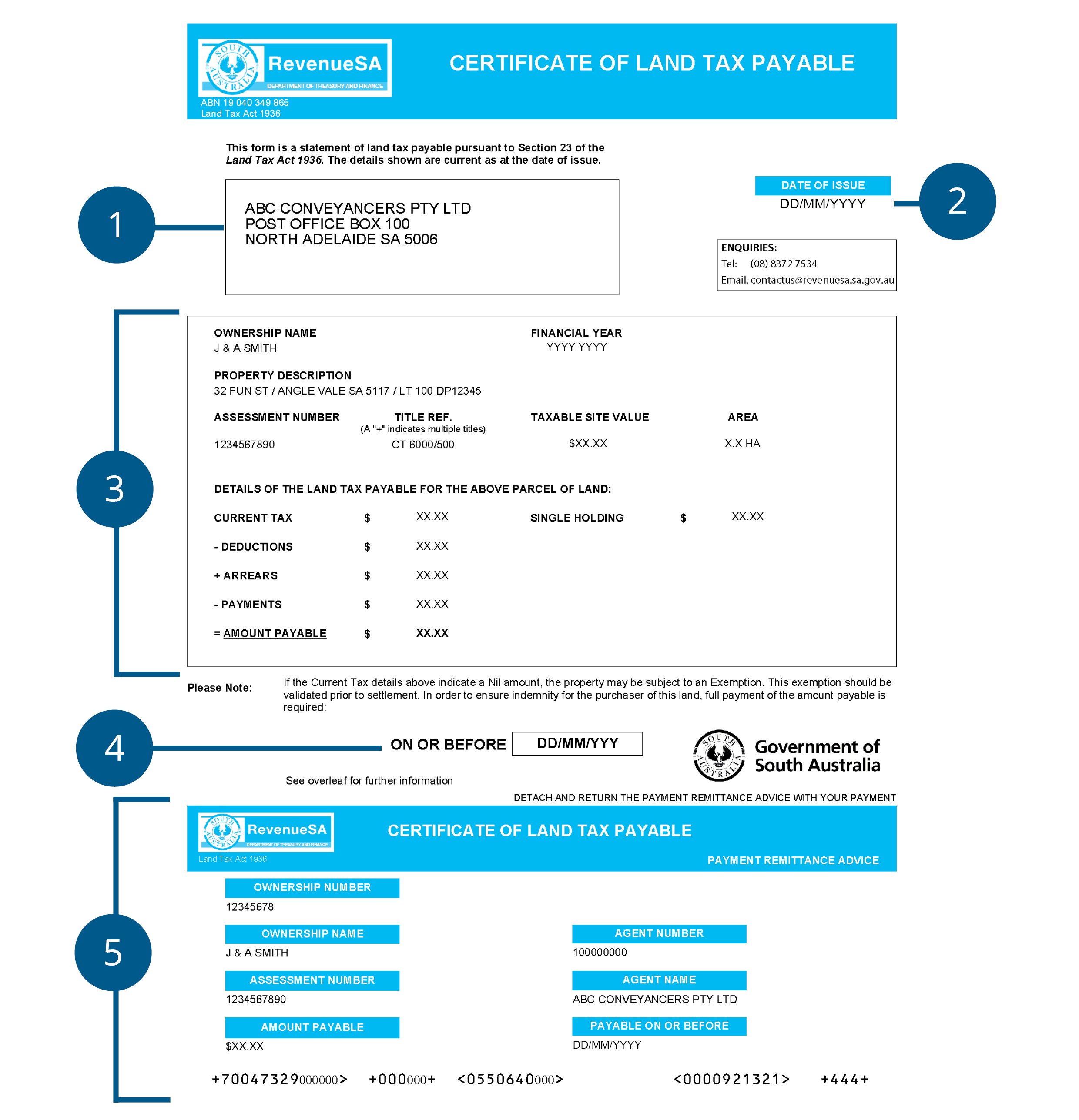 Shows sample 2025-26 Land Tax Certificate pg 1
